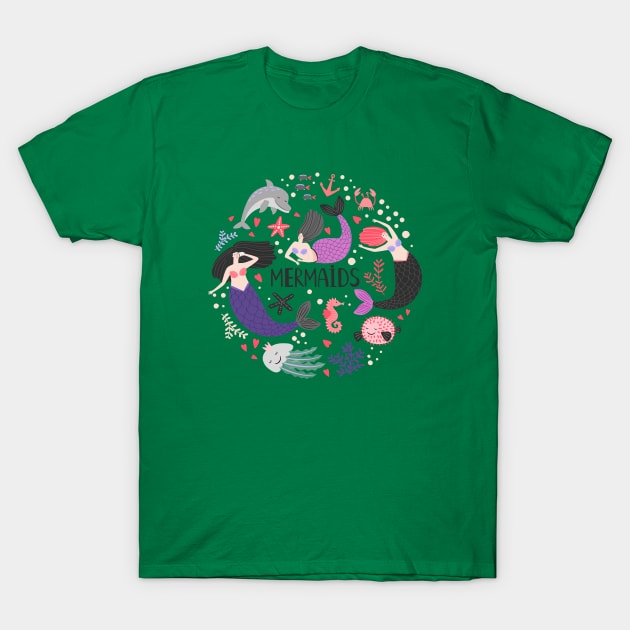 Mermaids doodle ocean animals T-Shirt by Mako Design 